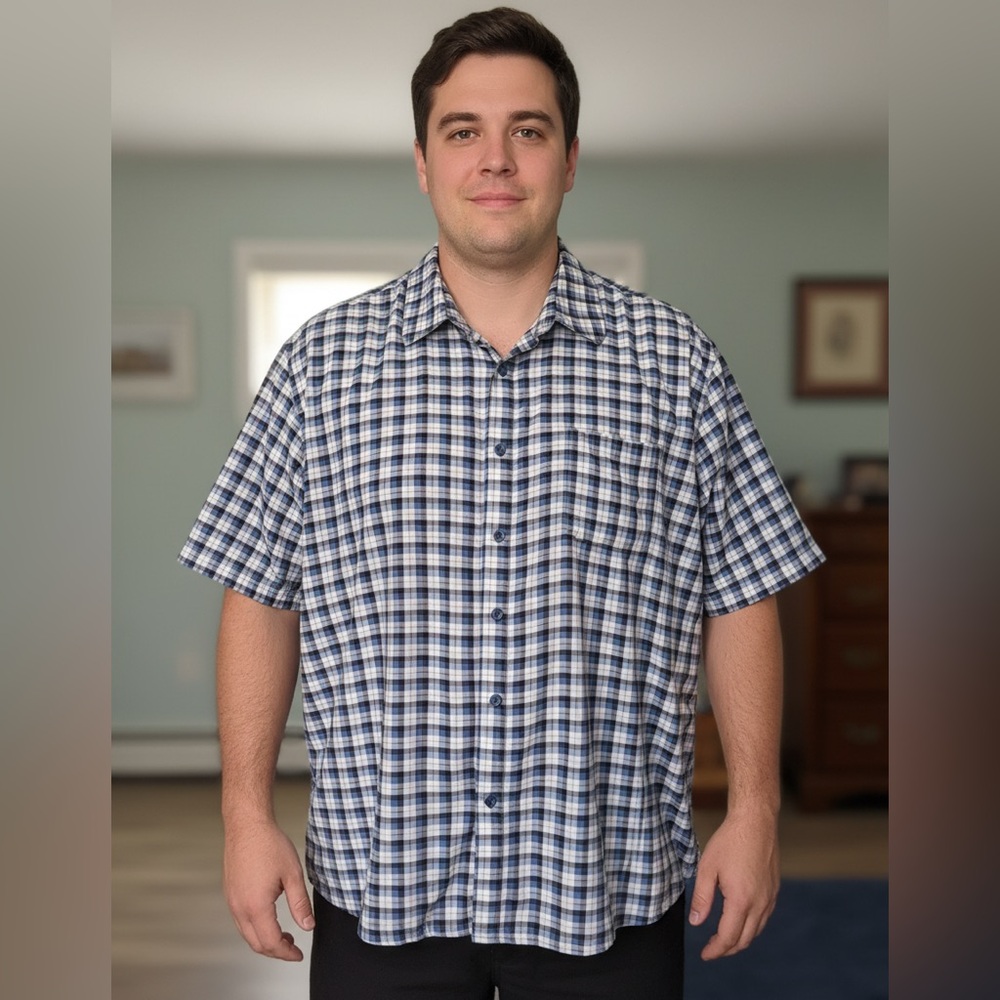 Nat Nast Navy and White Plaid Casual Shirt Silk/Lyocell Size XXL
